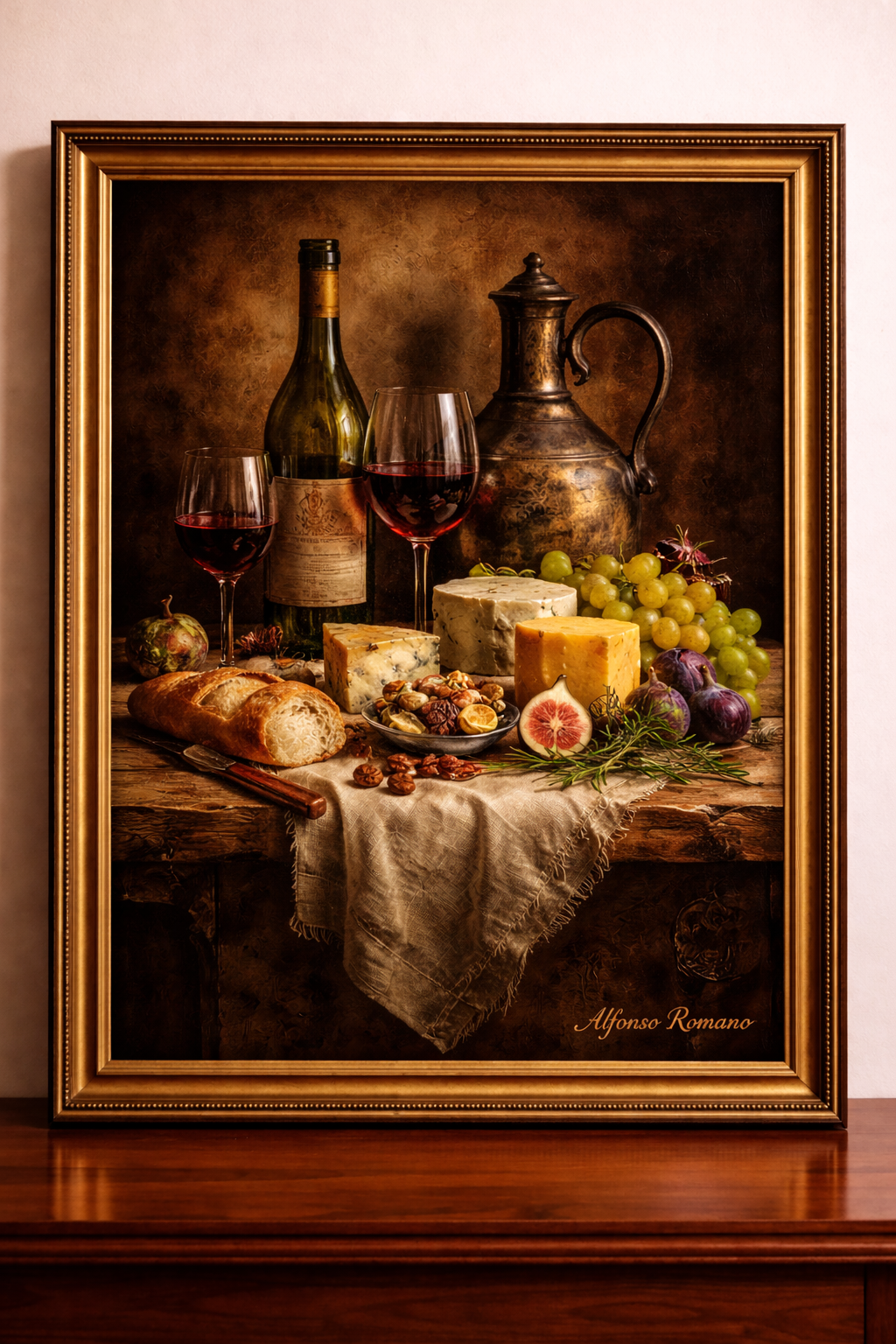 Rustic still life with wine and cheese