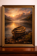 A weathered rowboat at dawn