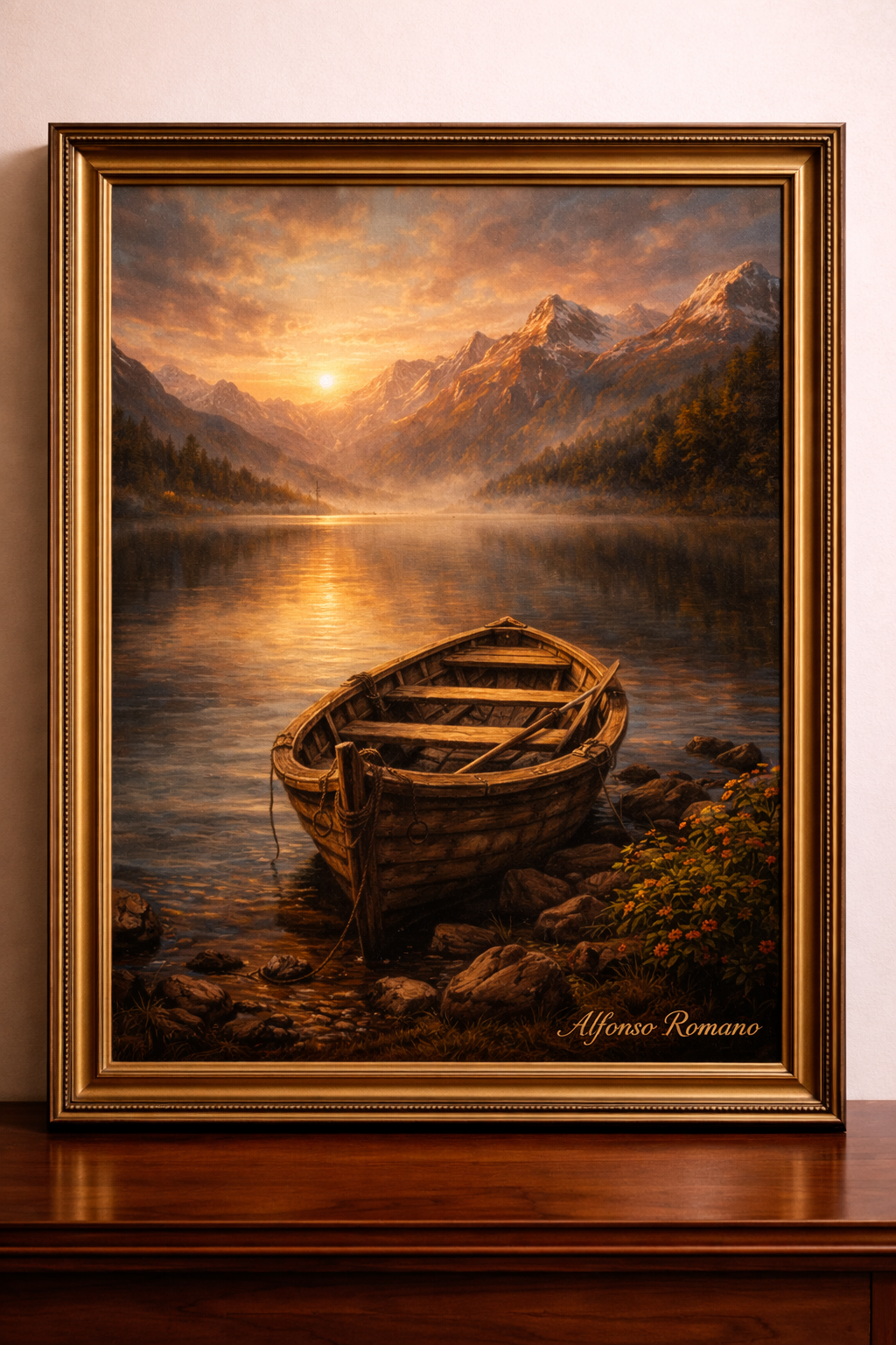 A weathered rowboat at dawn