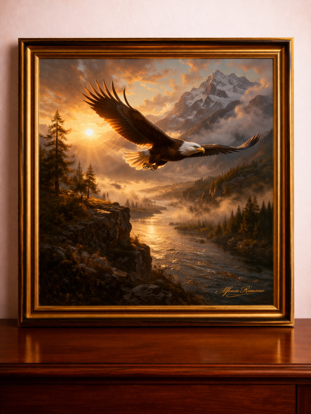Majestic eagle in golden-hour landscape