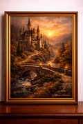 Castle at sunset over autumn river