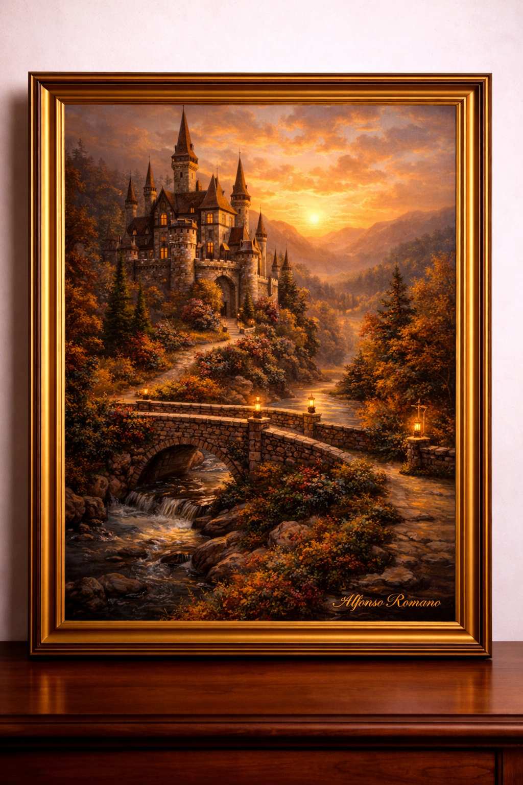 Castle at sunset over autumn river